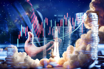 Businessman with stock trade chart grow up and step coins money display with space rocket taking off, night sky with milky way background