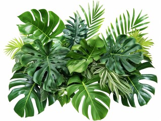 A lush composition of various green tropical leaves isolated on a white background.