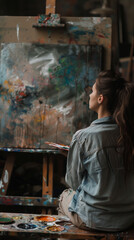 Fototapeta na wymiar Contemplative Female Artist, Painting in Studio, Creative Process in Action
