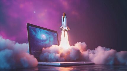 A space shuttle rocket successfully soars above a desktop laptop display frame. The idea took off and it was a success. Creativity, development, marketing and applications