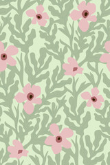 Modern simple floral frabric. Vector florals seamless pattern with spring flowers and leaves on green background.