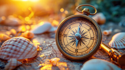 A nautical compass on an old map, surrounded by shells. Travel, new discoveries concept. © Katerina Bond