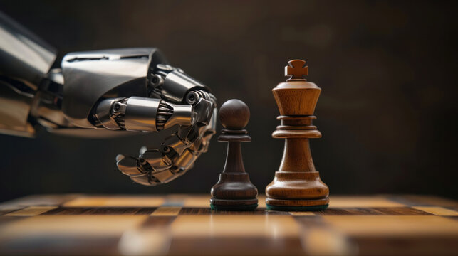 Human vs. Machine: An intriguing image depicting the contrast between the sleek, metallic robot hand and the traditional wooden chess pawn. Generative AI
