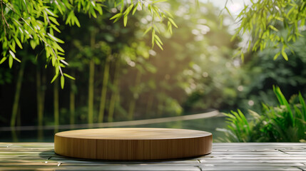 Empty wooden platform surface on table with branches, fresh green leaves, bamboo tree floor background. Organic health natural product platform promotion displa