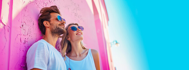 Young fashionable couple in sunglasses on pink background banner. Portrait of Smiling Beautiful woman and her Handsome Boyfriend smiling. Happy Cheerful Family in sunglasses, travel, summer vacation