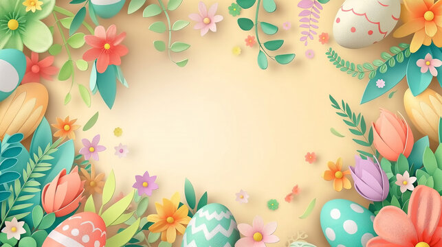 Easter Eggs and Flowers Frame Design with Pink Floral Vector Illustration
