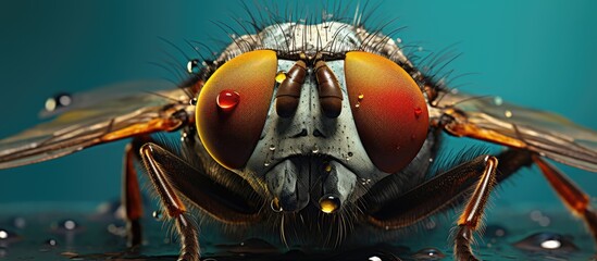 Macro shot of an insects face with water drops on its eyes, resembling a diver wearing a diving mask. The symmetry of the arthropods features mimics diving equipment