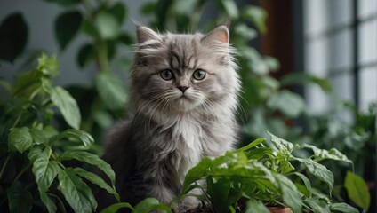 Naklejka na ściany i meble Happy sleepy tabby fluffy Persian little kitten sitting near green plants. The kitten looks at the camera.