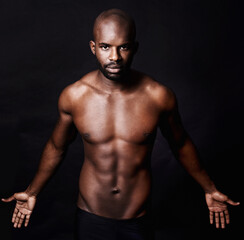 Fototapeta na wymiar Black man, shirtless and abs in portrait, fitness and health with muscle and body on dark background. Exercise, sport and athlete with six pack, confident and masculine with testosterone in studio