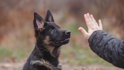 Naklejka premium Pet animal dogs puppy training education teaching concept background - Adorable cute black brown domestic obedience sitting dog ​​listens to owner trainer hand, sit and wait in command