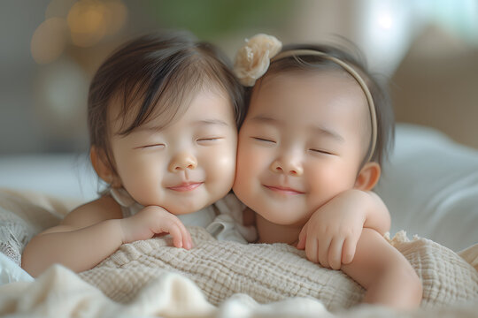 Content twin toddlers cuddling on a cozy blanket. Gentle sibling affection and childhood serenity concept. Indoor soft-focus photography for family and lifestyle design