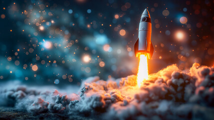 A space shuttle rocket successfully soars above a desktop laptop display frame. The idea took off and it was a success. Creativity, development, marketing and applications - obrazy, fototapety, plakaty