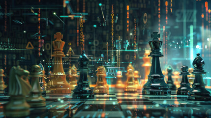 Strategic Calculations: A dynamic image showing digital projections of possible chess moves and outcomes hovering above the chessboard, illustrating the advanced algorithms. Generative AI
