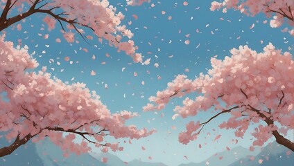 Illustration of a blue sky and falling cherry blossom petals. AI generated - obrazy, fototapety, plakaty