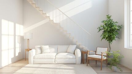 Simple white room interior with a large decorative sofa on the wall. white landscape in the window Nordic style house interior. 3D illustration - obrazy, fototapety, plakaty