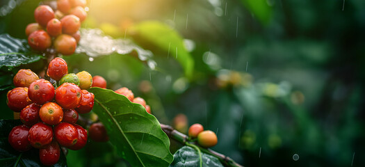 Fresh coffee cherries on branch at sunrise. Ripe coffee cherries and green leaves bask in golden morning sunlight banner with copy space