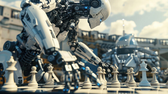 Robot Mastermind: An awe-inspiring image featuring a towering robot overlooking a chessboard, with multiple robotic arms executing precise moves simultaneously. Generative AI