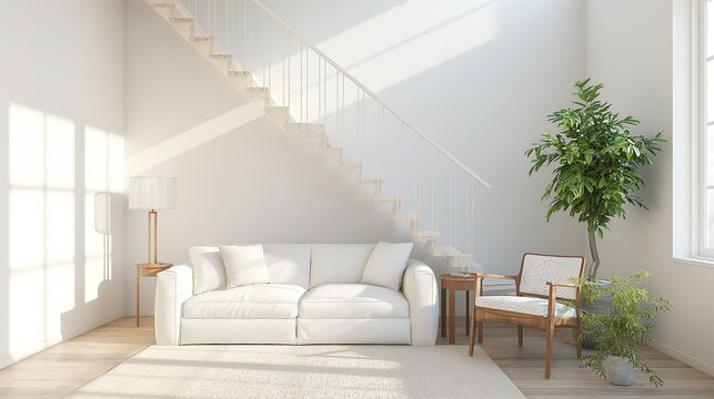 Fototapeta Simple white room interior with a large decorative sofa on the wall. white landscape in the window Nordic style house interior. 3D illustration