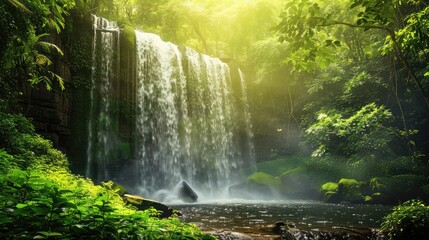 Wide vista, gorgeous fresh green nature scenic landscape waterfall in deep tropical jungle rain forest.