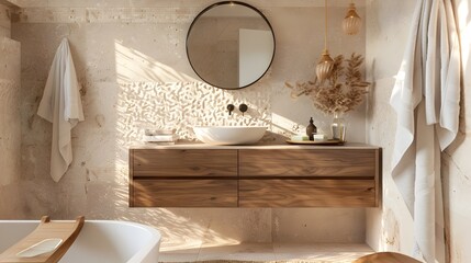 Serene Bathroom Design with Floating Wooden Vanity and Hoop Wall Mirror