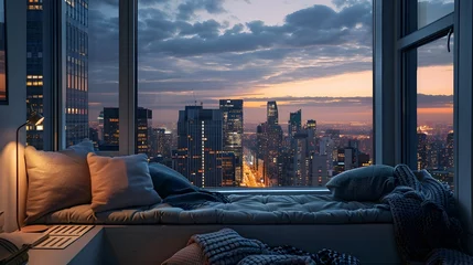 Fotobehang Serene Morning Retreat A Cozy Reading Nook Overlooking the Citys Birds Eye View © Rudsaphon