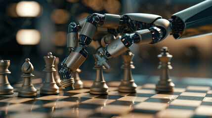 Strategic Triumph: An image capturing the moment when a robotic hand, representing artificial intelligence, confidently moves a chess pawn on the chessboard. Generative AI