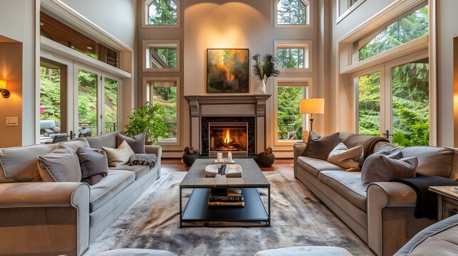 Serene Garden View From a Luxurious Smoke-Grey Living Room