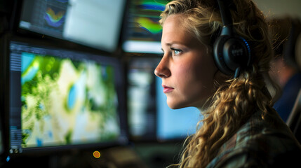 A female meteorologist at work in the operations room. Meteorology - obrazy, fototapety, plakaty