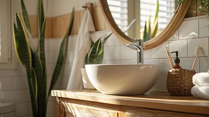 Scandinavian-Style Bathroom Vanity Oasis with Air-Purifying Snake Plants