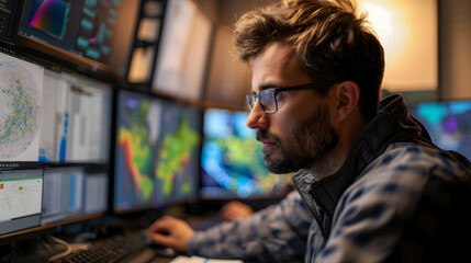 A male meteorologist at work in the operations room. Meteorology - obrazy, fototapety, plakaty