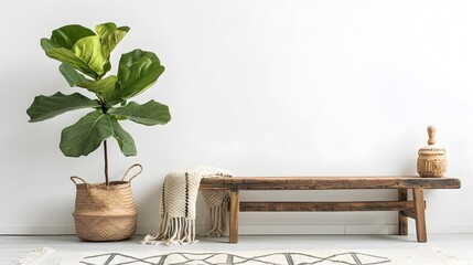 Scandinavian-Style Interior with Wooden Bench and Fiddle-Leaf Fig on Pristine White Background
