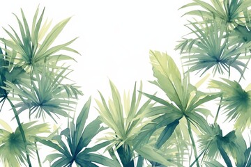 Green tropical leaves and palm tree pattern on white background