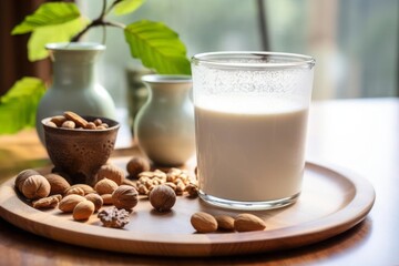 Almond milk in a glass. Almonds are scattered nearby.