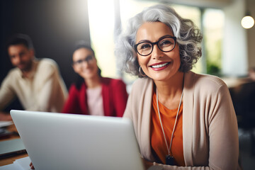 Age diversity at workplace - elderly hispanic professional at her workplace - 762385386