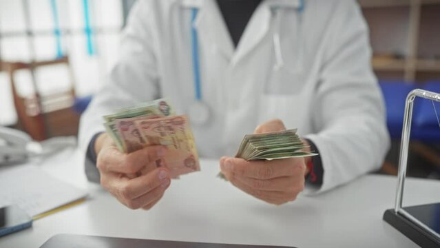 Middle-aged bearded man in lab coat counts united arab emirates dirhams in clinic office