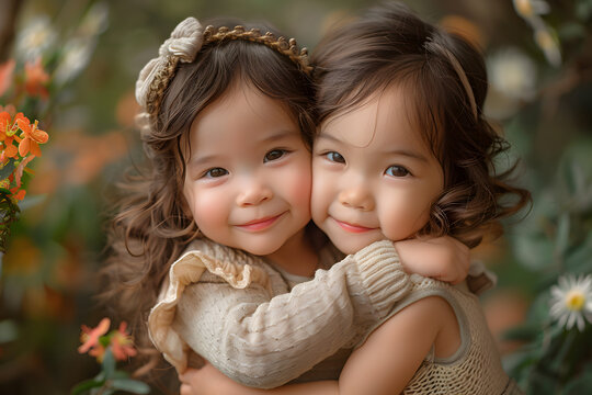 Twin asian girls hugging with joyful expressions in a garden. Family and sibling connection concept. Outdoor natural light portrait for child care and family lifestyle design