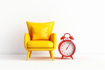 Yellow chair and red alarm clock on a white background. Summer time concept.