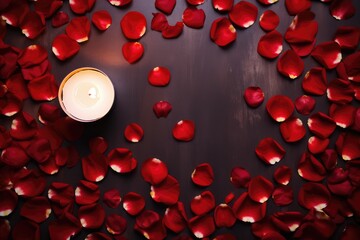 Scattered red rose petals and a lit candle creating a romantic ambiance on a dark surface.