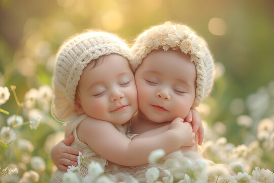 Smiling twin babies wearing knit hats embracing. Joy and sibling connection concept. Soft-focus portrait photography for family and happiness design