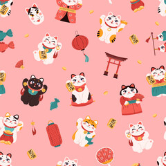 Seamless pattern with cute maneki neko flat style, vector illustration