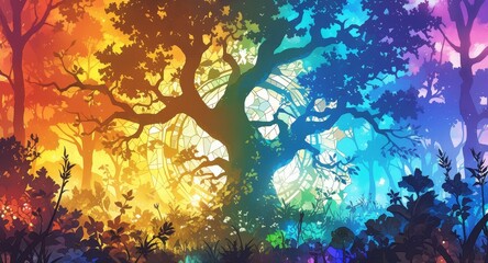 Obraz na płótnie Canvas Stained Glass style, rainbow colors, forest trees