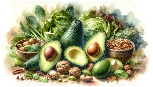 Watercolor of Avocados, Healthy Foods