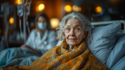 sick senior woman at the hospital, a blurred doctor on the background 
