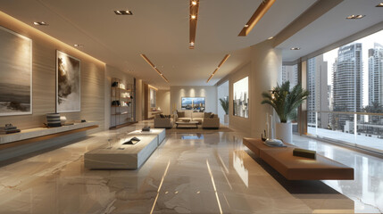 Luxurious and spacious modern living room interior with contemporary furniture and a stunning city view.