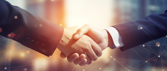 Close up at hands of two young business people shaking hands with sun ray on background. - obrazy, fototapety, plakaty