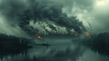 Dramatic industrial pollution over a serene lake with dark smoke billowing from forest fires, reflecting environmental issues. - obrazy, fototapety, plakaty