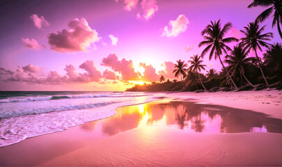 Illustration of sunset on a paradisiacal beach with coconut trees. Pink, yellow, blue and lilac. Summer concept. - obrazy, fototapety, plakaty