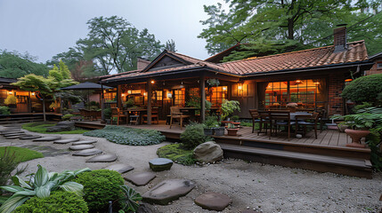Obraz premium Cozy wooden cabin with illuminated interior at dusk, surrounded by lush garden and stone pathway.