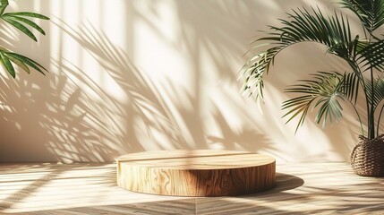 Wooden podium with palm leaves and shadows. Realistic wood platform for product presentation. 