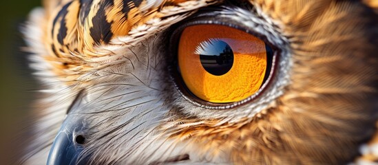 A close up of a bird of prey with yellow eyes from the Galliformes order. The organism has sharp...